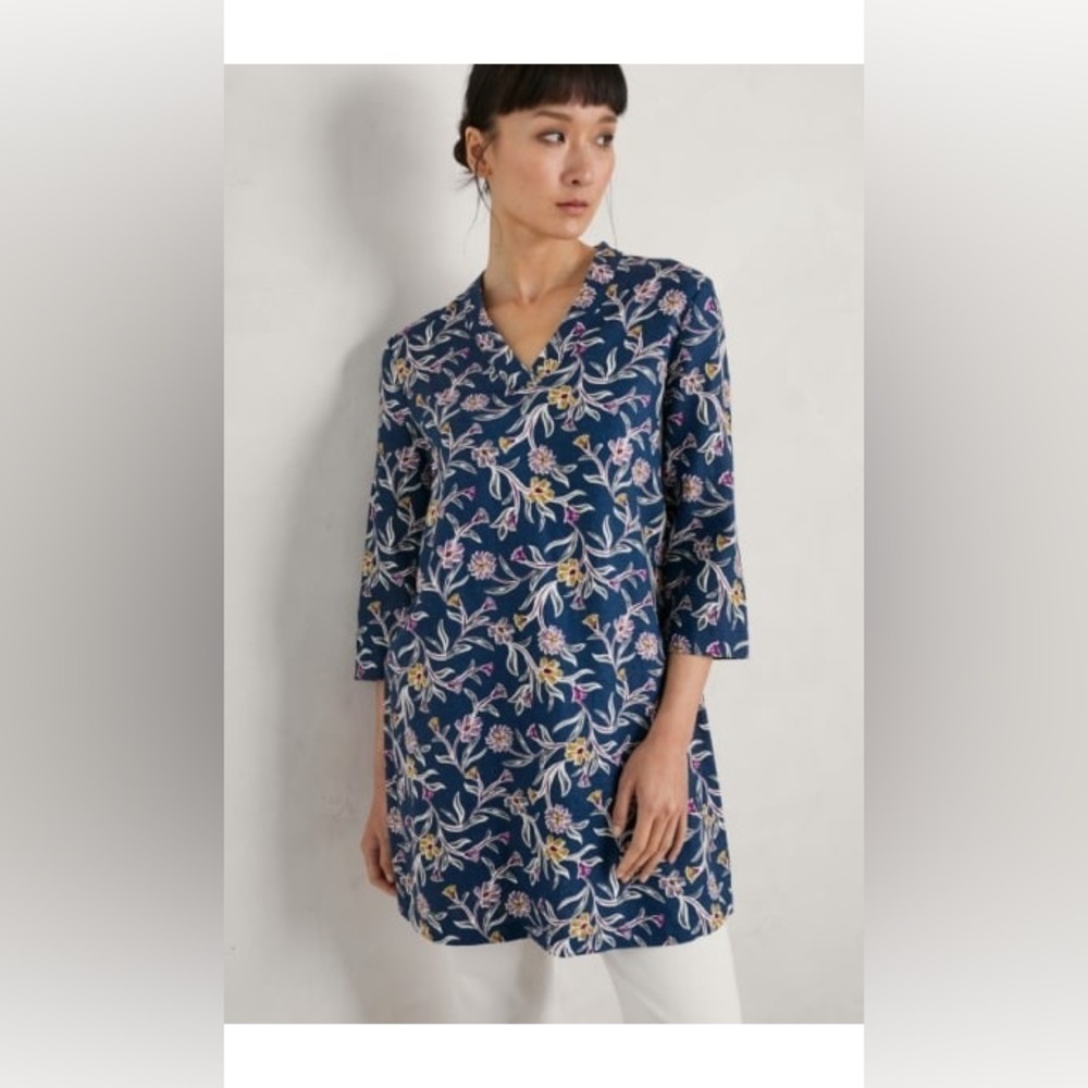 Seaside Cornwall Curves Flow Rami Floral Tunic Dress Blue Cotton Women’s Size 8